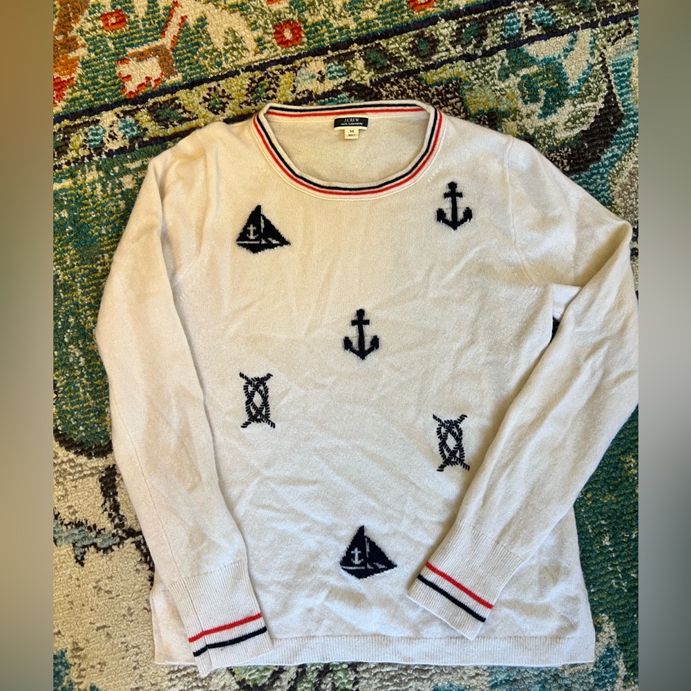 J. Crew Cashmere crewneck sweater in cream nautical print M